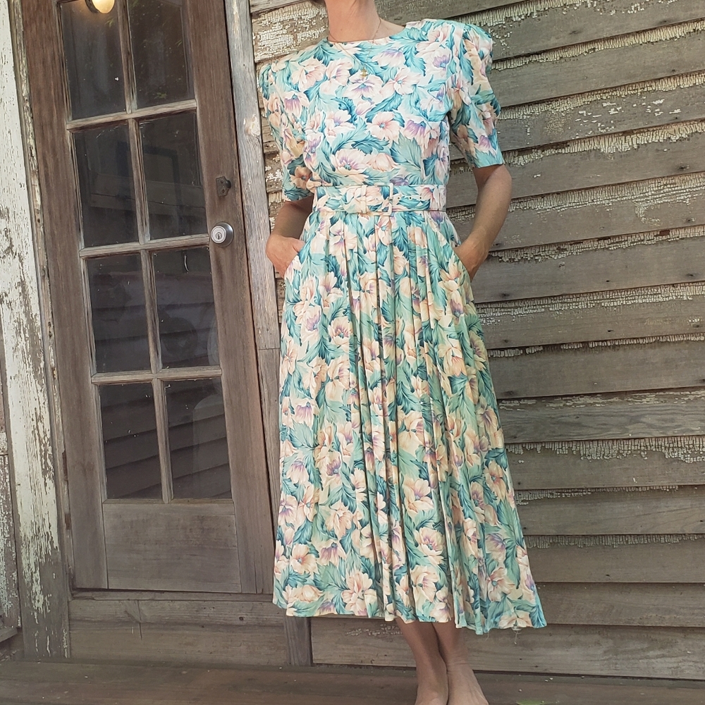 80s VTG Pastel Floral Garden Party Dress - Picture 3 of 12